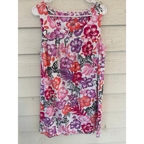 Nick & Nora Zebra Floral Sleep Tank Top Large Pink Tropical Pajama Top - Picture 2 of 5
